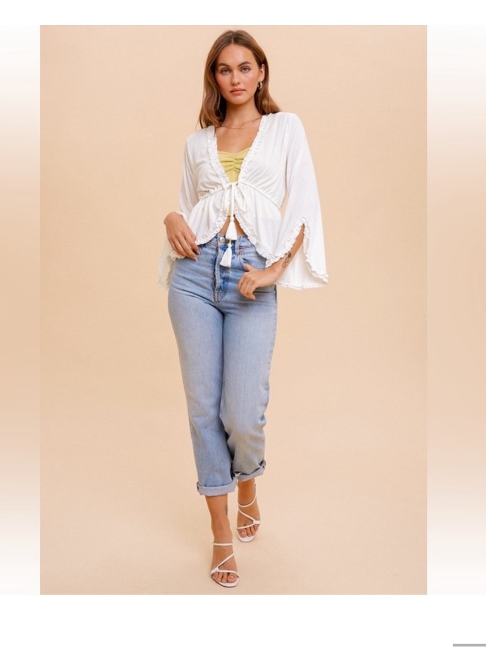 Hem & Thread White Ruffle Tie-Front Cardigan - Picture 2 of 5
